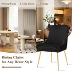 Velvet Dining Chairs Set of 2, Modern Upholstered Kitchen Chair with Pull Handle & Pleated Back, Mid Century Accent Chair with Gold Metal Legs for Vanity,Dining,Kitchen,Living Room, Black