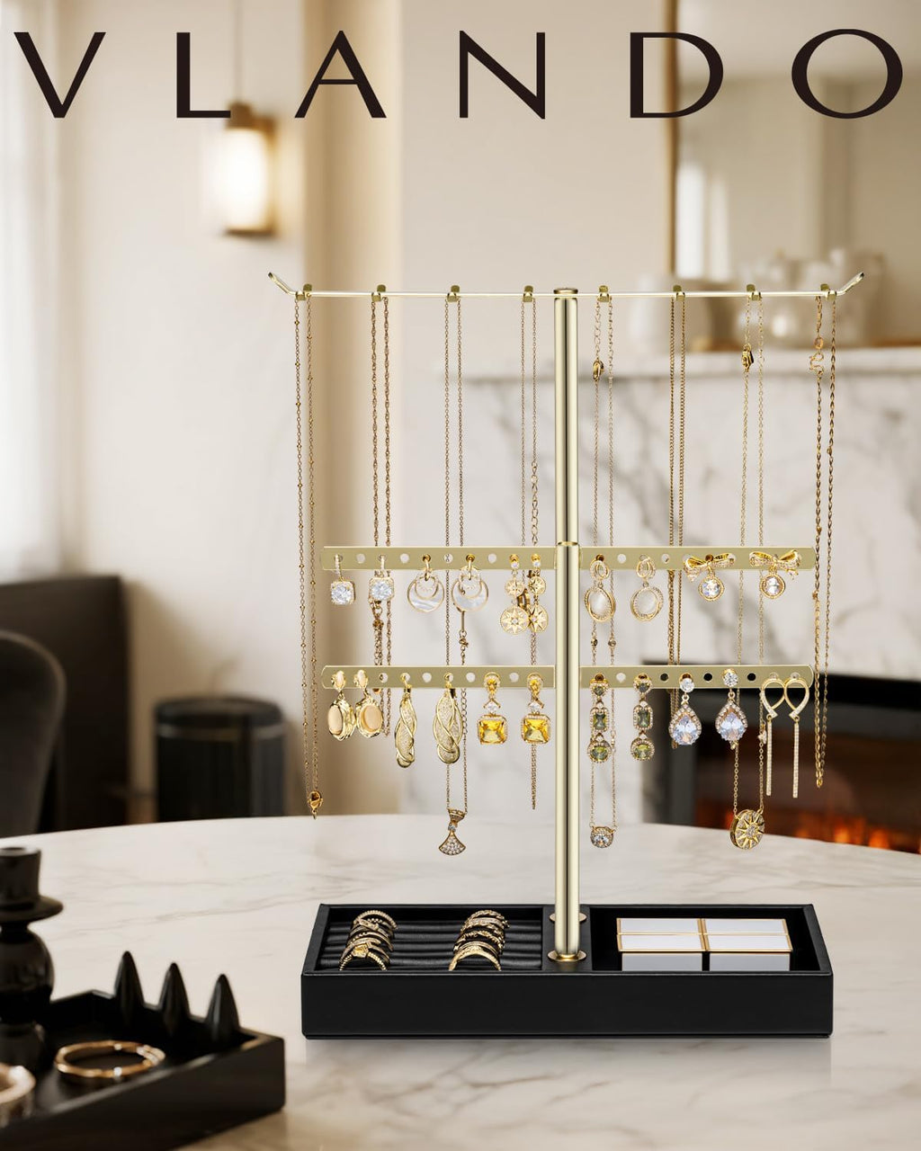 Vlando 2 Tier Jewelry Stand Organizer with Tary, Leather Jewelry Holder Display for Women, Gold Jewlery Holder Stand for Necklace, Earring, Bracelet, Rings - Black