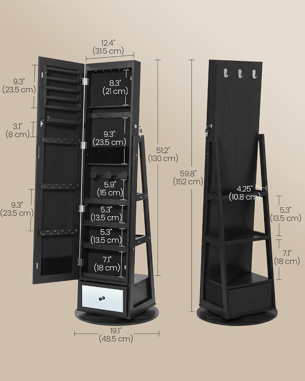 SONGMICS LED Jewelry Organizer, Full Length Mirror with Storage, Rotating