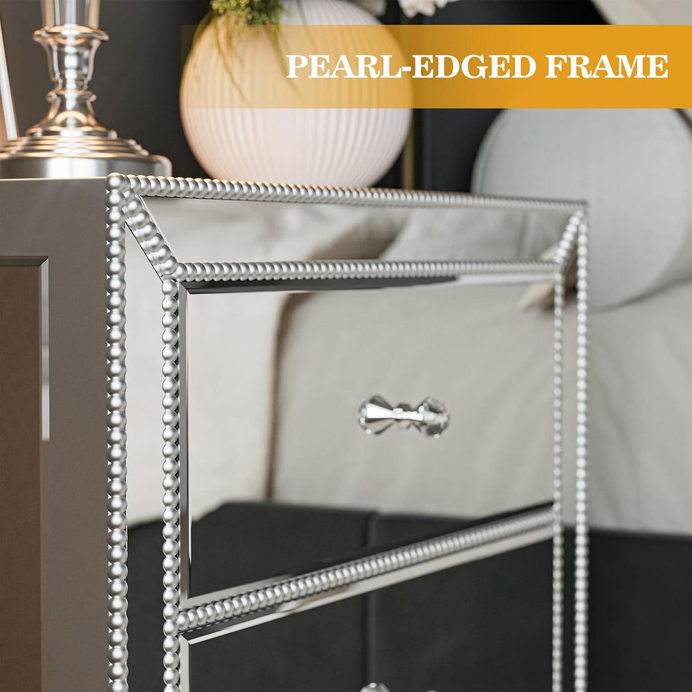 IKIFLY Mirrored Nightstand with 3 Drawers, Silver End Table with Crystal Hand...