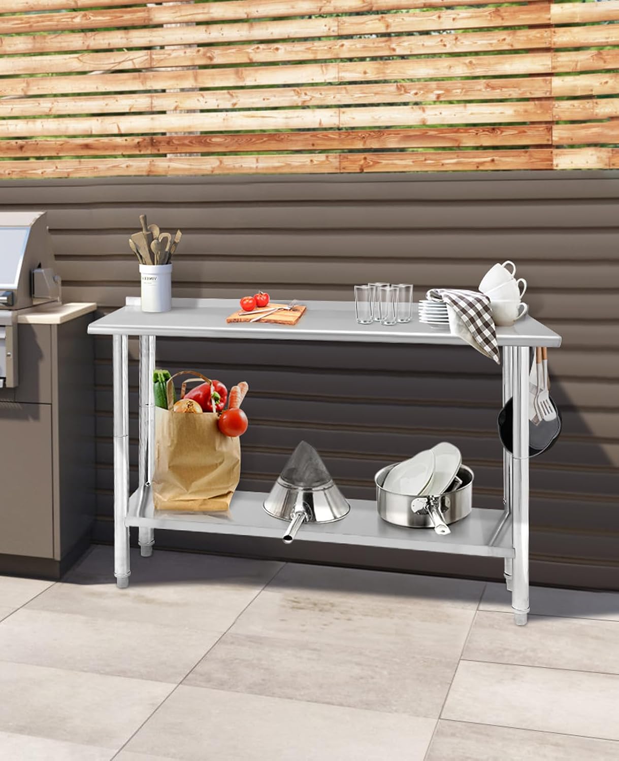 GarveeTech 60 in x 24 in Stainless Steel Prep Table, NSF Metal Work Table with Backsplash, Adjustable Undershelf, 5 Hooks, Heavy Duty Workbench Workstation for Home Kitchen Restaurant