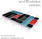 Three by Three Seattle 10 Piece Metal Organizer Tray Set for Storing Makeup, Stationery, Utensils, and More in Office Desk, Kitchen and Bathroom Drawers (1 Inch, Blue Black Red and Dots)