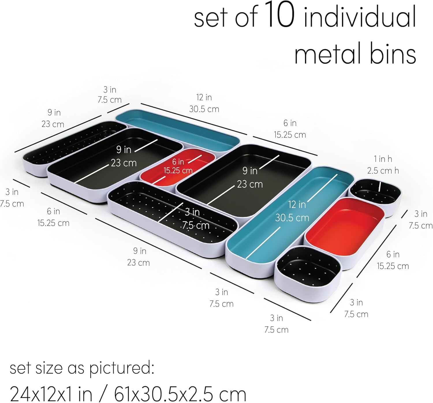 Three by Three Seattle 10 Piece Metal Organizer Tray Set for Storing Makeup, Stationery, Utensils, and More in Office Desk, Kitchen and Bathroom Drawers (1 Inch, Blue Black Red and Dots)