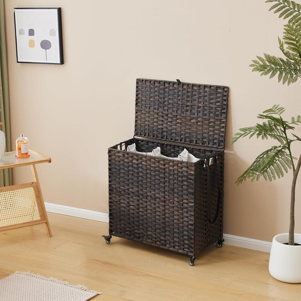 Laundry Hamper with Wheels, 39.6 Gallon(150L) Rolling Laundry Basket with Lid, 3-Section Rattan Clothes Hamper with 3 Removable Liner & 3 Mesh Bags, Laundry Sorter with Side Pocket, Brown