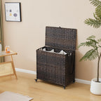 Laundry Hamper with Wheels, 39.6 Gallon(150L) Rolling Laundry Basket with Lid, 3-Section Rattan Clothes Hamper with 3 Removable Liner & 3 Mesh Bags, Laundry Sorter with Side Pocket, Brown