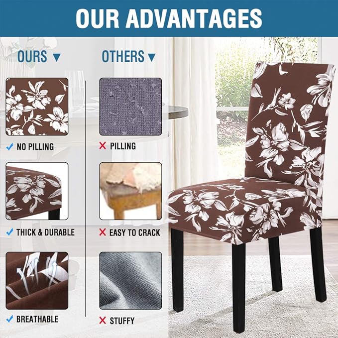 H.VERSAILTEX Stretch Dining Chair Covers Set of 4 Chair Covers for Dining Room Parsons Chair Slipcover Chair Protectors Covers Dining, Feature Modern Floral Printed Design, Chocolate