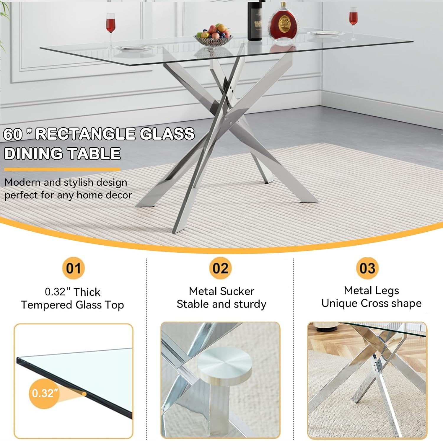 Glass Dining Table Set for 4, Modern Kitchen Table and Chairs Set of 4, 5-Piece Kitchen Dining Room Table Set w/61 Glass Silver Dining Table and 4 Beige Velvet Upholstered Chairs