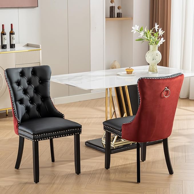 Velvet Dining Chairs Set of 2, High-end Tufted Upholstered Dining Chair with Ring Pull and Solid Wood Legs, Modern Dining Room Chairs for Dining Room, Black PU & Burgundy Velvet