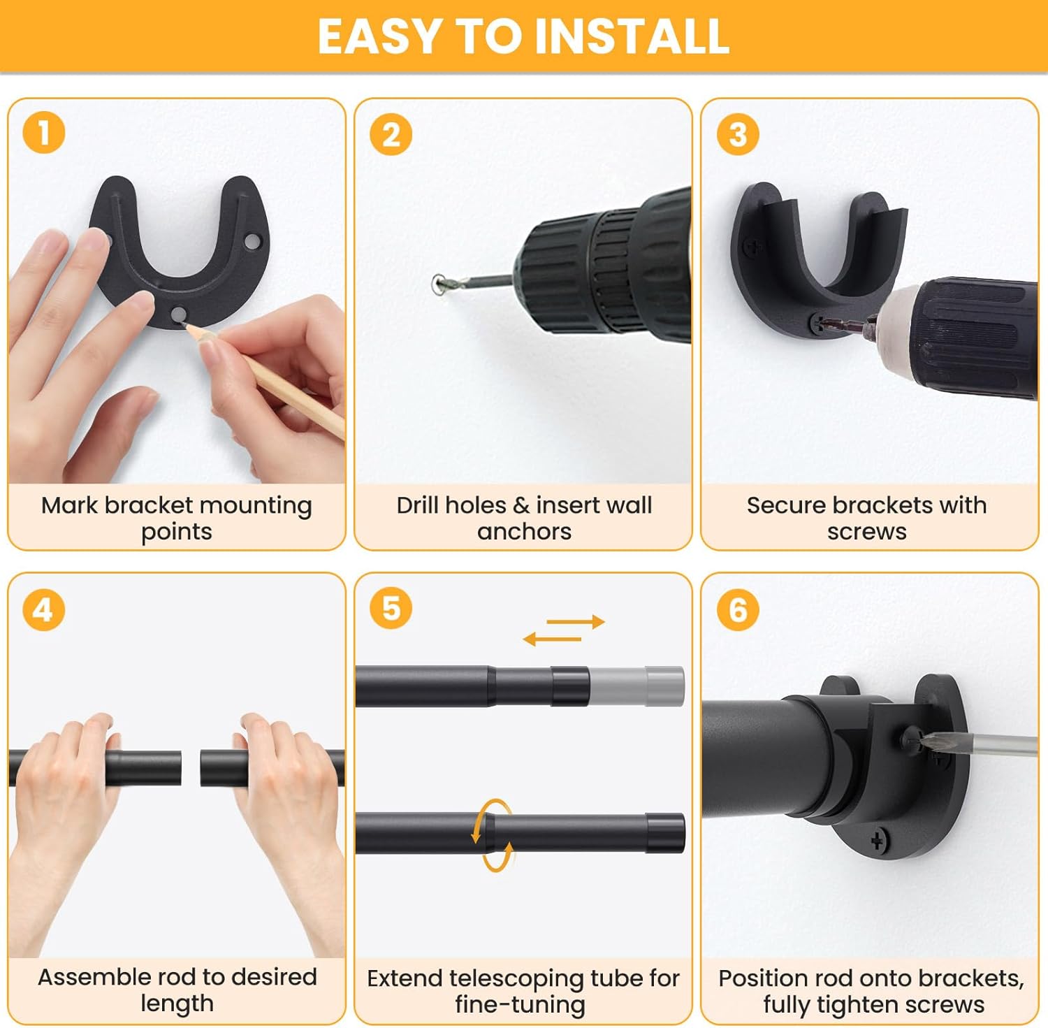 Closet Rods for Hanging Clothes, 17-98 Inch No-Cut Stepless Adjustable Closet Rod, 1.3 Inch Heavy Duty Metal Closet Hanging Rod with Brackets, Black Closet Bar for Closet, Laundry Room, RV, Wardrobes