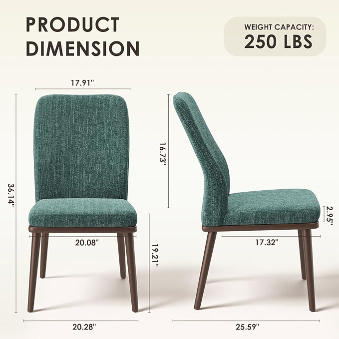 Upholstered Dining Chairs Set of 2, Modern Kitchen Chairs with High Back, Padded Fabric Dining Room Chair with Solid Wood Legs for Restaurant/Cafe/Home, Green