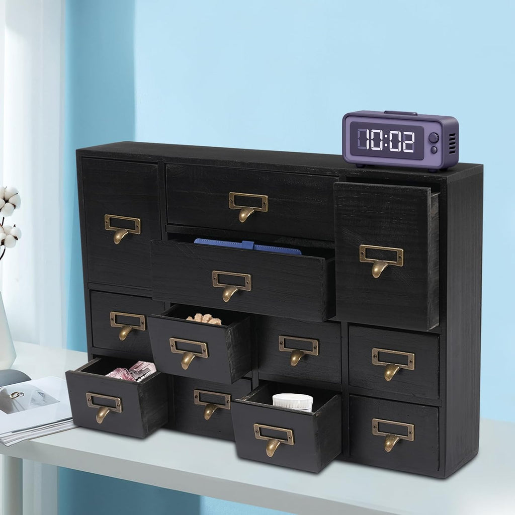12-Drawer Wooden Storage Cabinet Organizer, Apothecary Cabinet Vintage Library Card Catalog Cabinets for Countertop Apothecary Tea Coffee Pod Storage (Black)