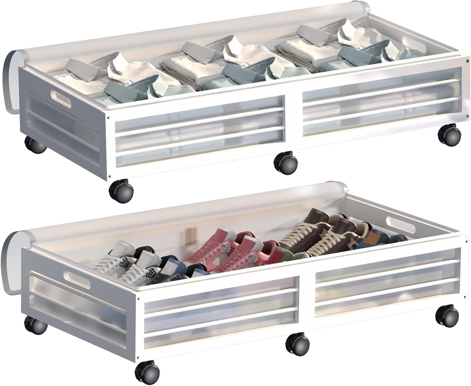Under Bed Storage Containers with Wheels, Larger Bamboo Wood Under Furniture Storage Containers with Dust Bags，Rolling for Shoes Clothes