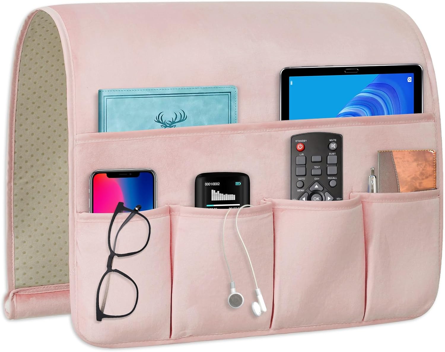 Remote Control Holder for Armchair，Couch Caddy Organizer TV Remote Holder for Bed Storage 5 Pockets，Remote Caddy Bedside Organizer Bedside Table Organizer (Pink, 35''x18'')