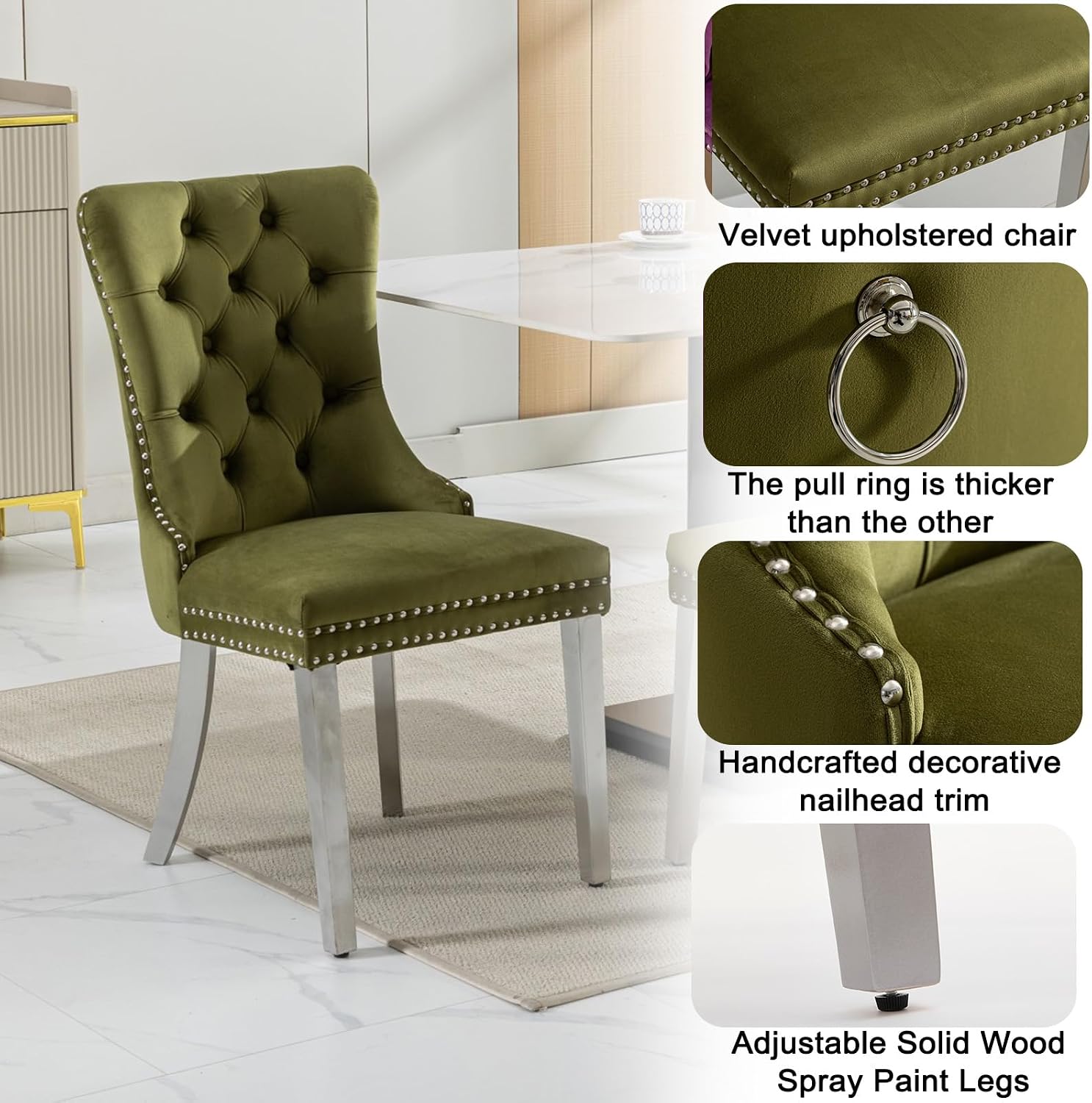 36" Modern Silver Glass Dining Room Table Set for 4,5-Piece Round Kitchen Dining Table Set with Cross Metal Legs and 4 Olive Green Velvet Upholstered Chairs,Glass Kitchen Table & Chairs Set