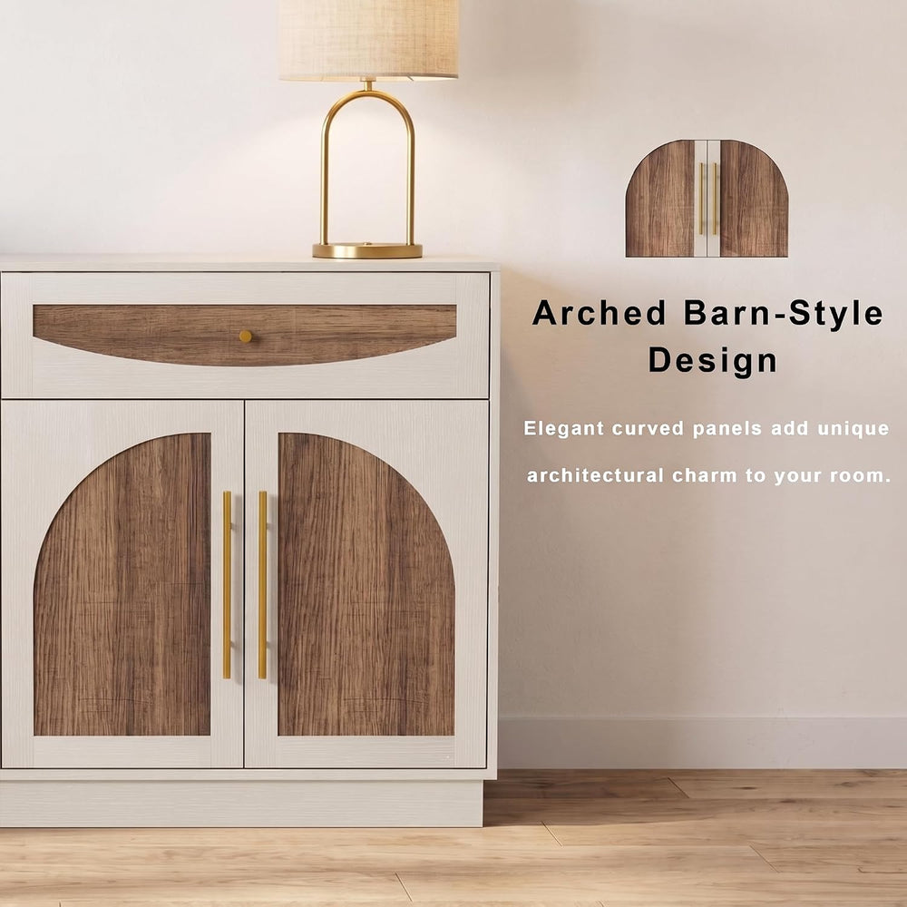 63'' Arched Door Sideboard Buffet Cabinet with Drawers, White and Nat...