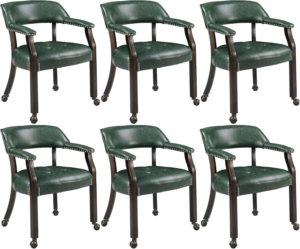 Set of 6 Dining Leather ArmChairs with Casters,Green PU, 360° Move | Accent K...