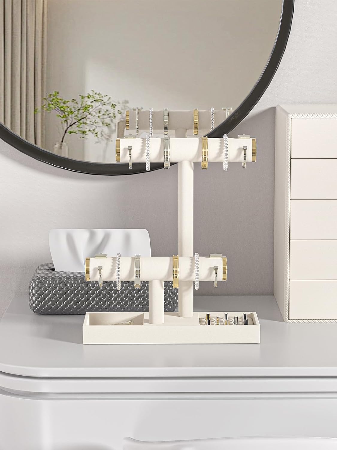 Bracelet and Necklace Holder,Velvet Jewelry Necklace Display Organizer Stand,bracelet Holder for Selling,Bracelet and Necklace Storage Tree (Style 2（Beige+ Metal lid）)
