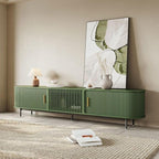 POVISON Fully-Assembled Modern Green TV Stand with Tambour Doors, Fluted TV Media Console for 85 Inch TVs, Sliding Door Entertainment Center with Storage for Living Room (Green, 94.49")