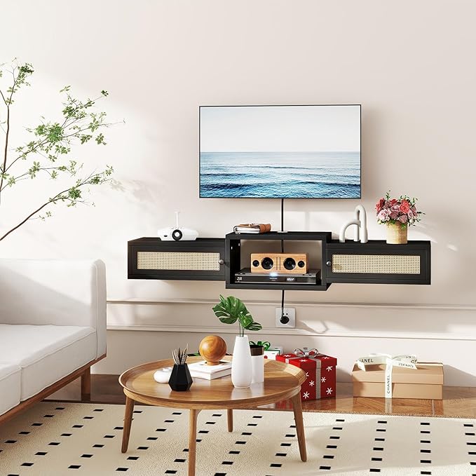 IBUYKE Modern Rattan Floating TV Stand with Doors,Wall Mounted TV Shelf for T...