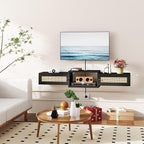 IBUYKE Modern Rattan Floating TV Stand with Doors,Wall Mounted TV Shelf for TVs up to 55 Inches,Media Console Entertainment Center for Under TV Storage Cabinet for Living Room Bedroom,Black UWST012B