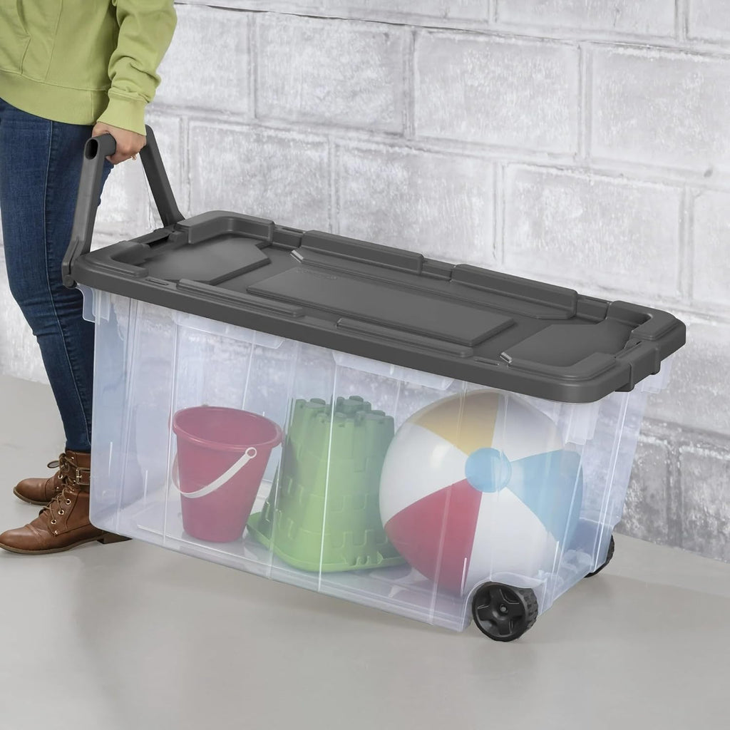 160 Quart Wheeled Stacker, Extra Large Durable Clear Bin, Latch Lid and Pull Handle, Gray, 2 Count