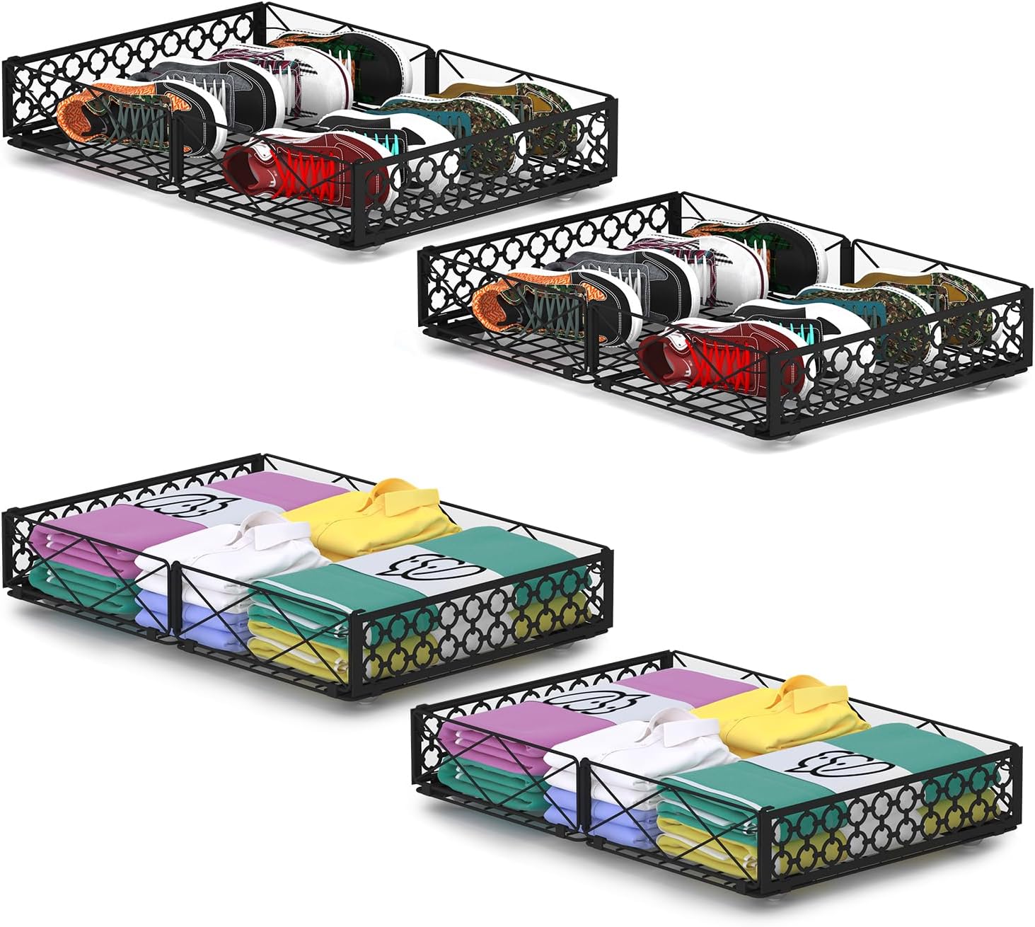 NADAMOO Low Profile Under Bed Storage with Wheels, 4 Pack Rolling Storage Containers, Foldable Metal Organizer Bins