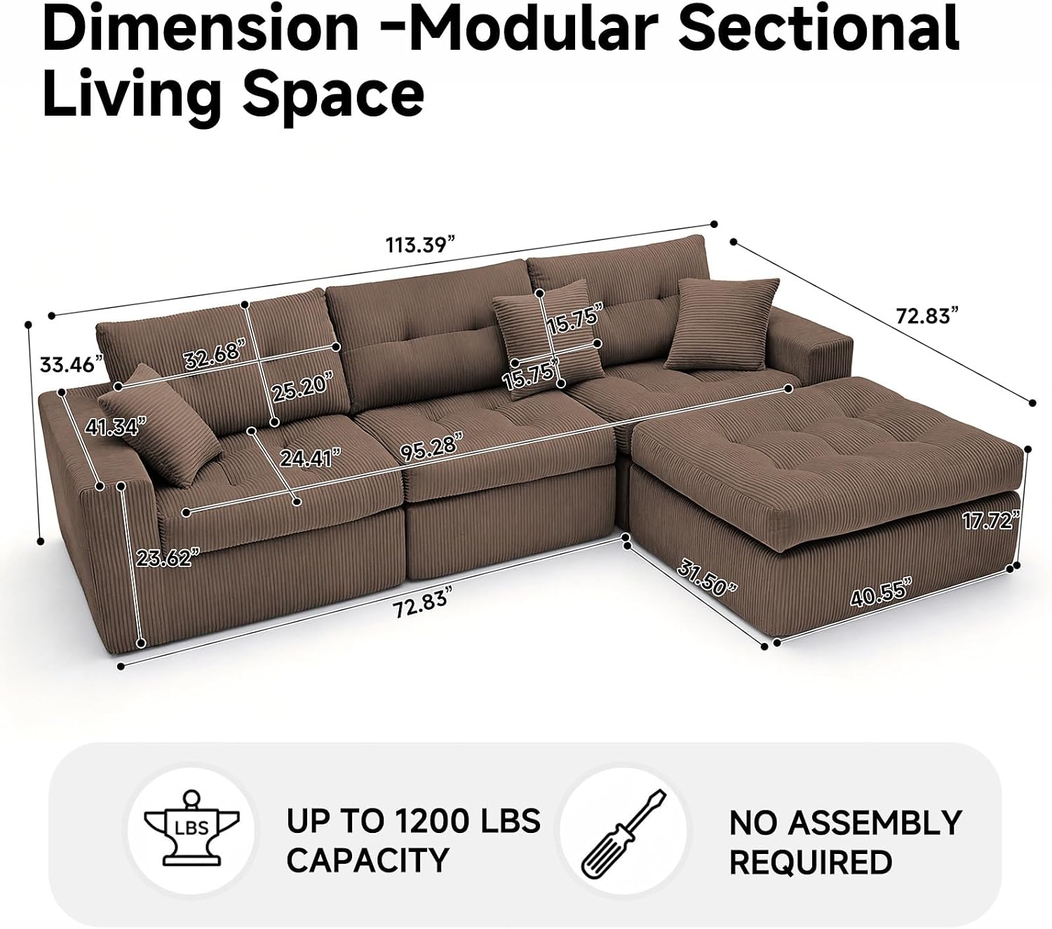 113" L-Shaped Modular Sectional Sofa Chaise Boneless Couch No Assembly | Corduroy Boneless Sectional Couch with Deep Seat, Couches for Living Room, Bedrom, Couch in a Box, Light Gray