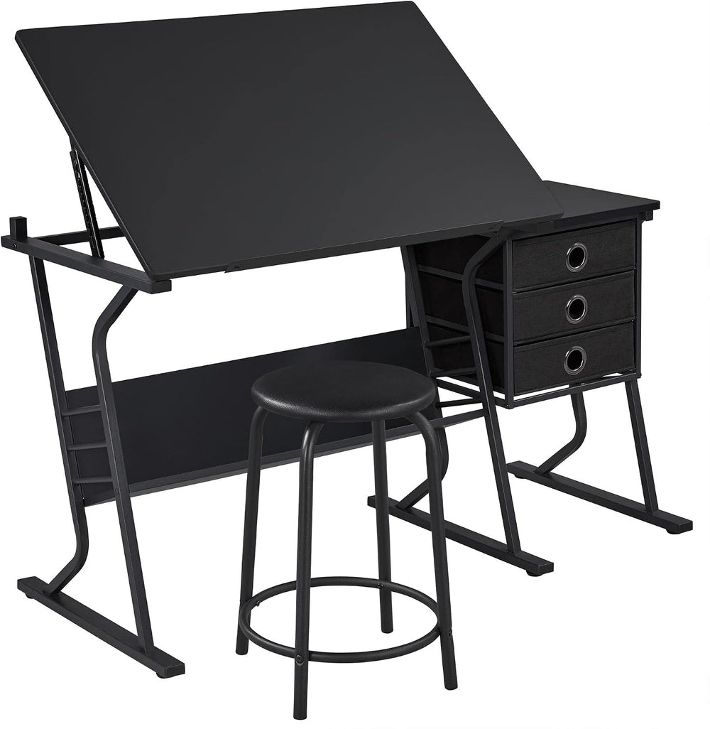 Yaheetech Tilting Drafting Table Art Craft Desk with Stool, Drawers, Black | ...
