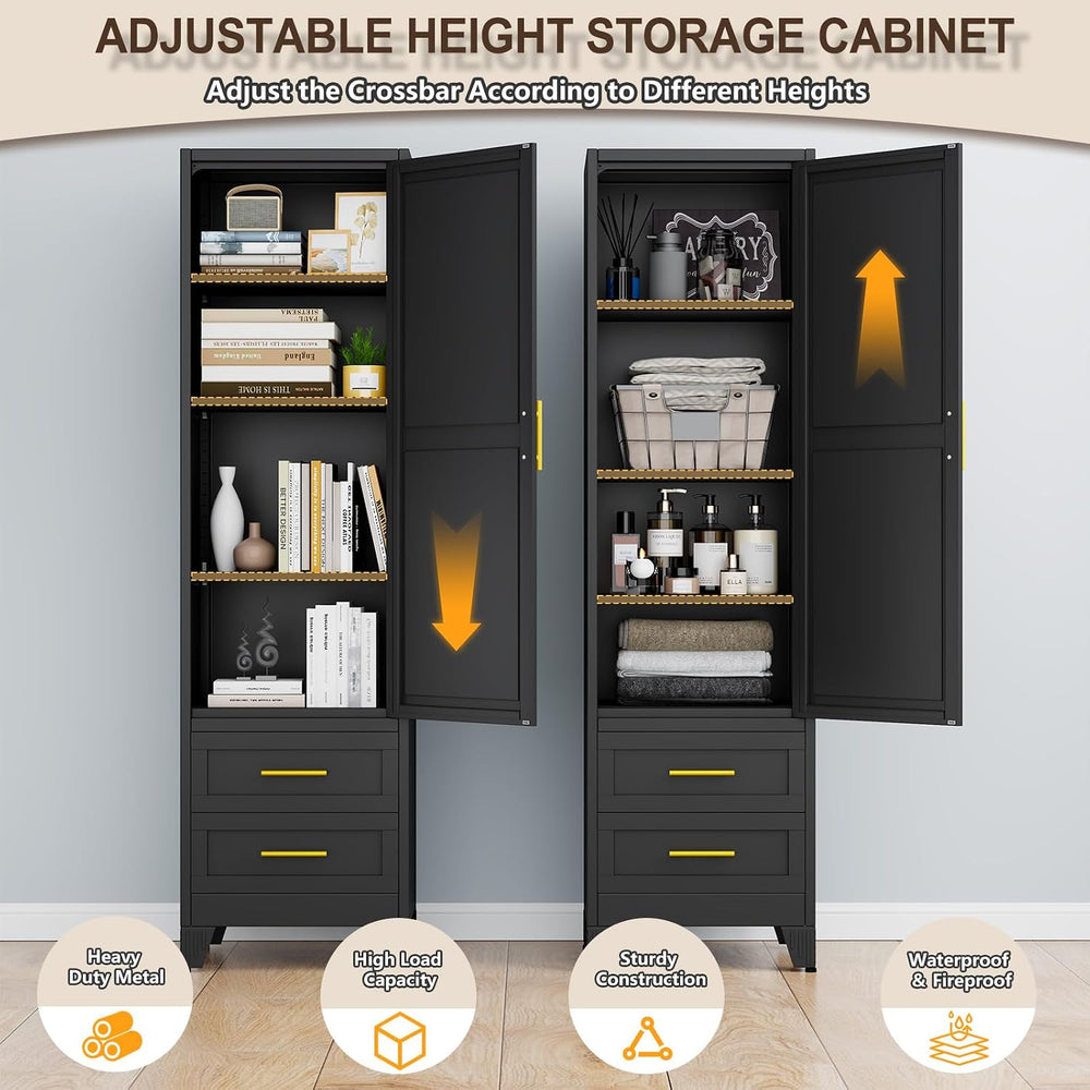 67" Tall Narrow Metal Storage Cabinet, Freestanding Pantry Organizer, Bl...