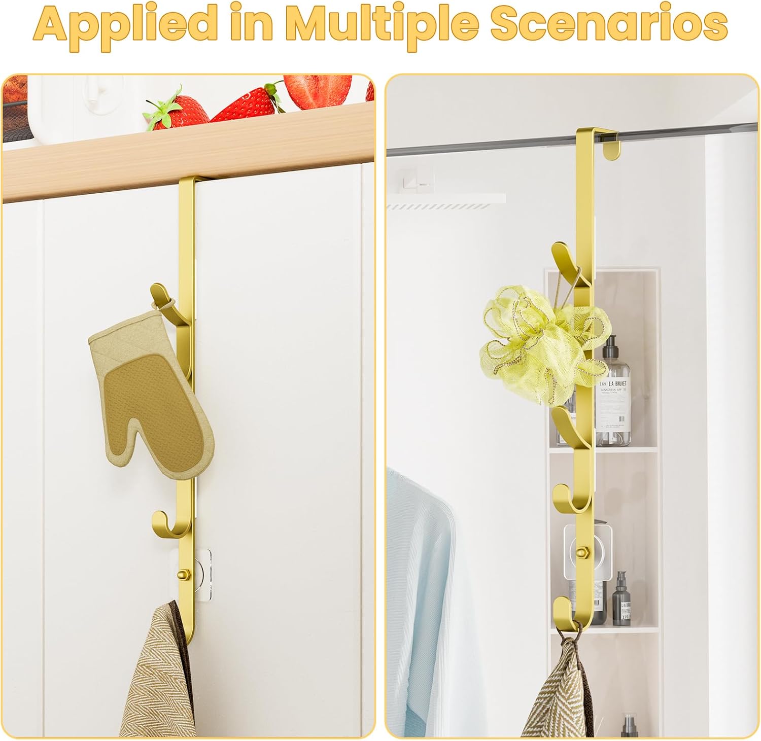 Over The Door Hooks, Metal Door Hooks for Hanging, Over The Door Purse Organizer for Door Coat Hanger, Back of Shower for Hanging Towel Rack Clothes, Hat, Bathroom, Closet (Gold-3Packs)