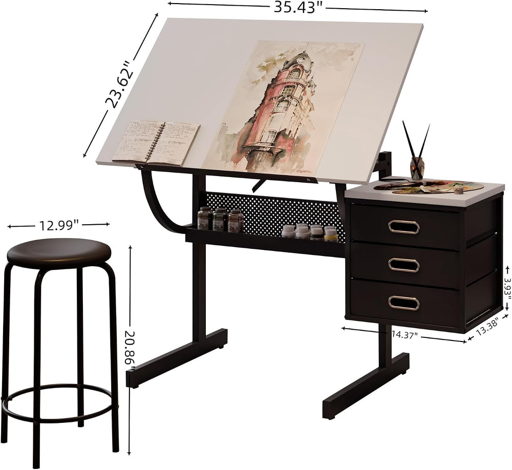 Drafting Table Adjustable Drawing Desk with Stool and 3 Drawers, 0-75° Tiltab...