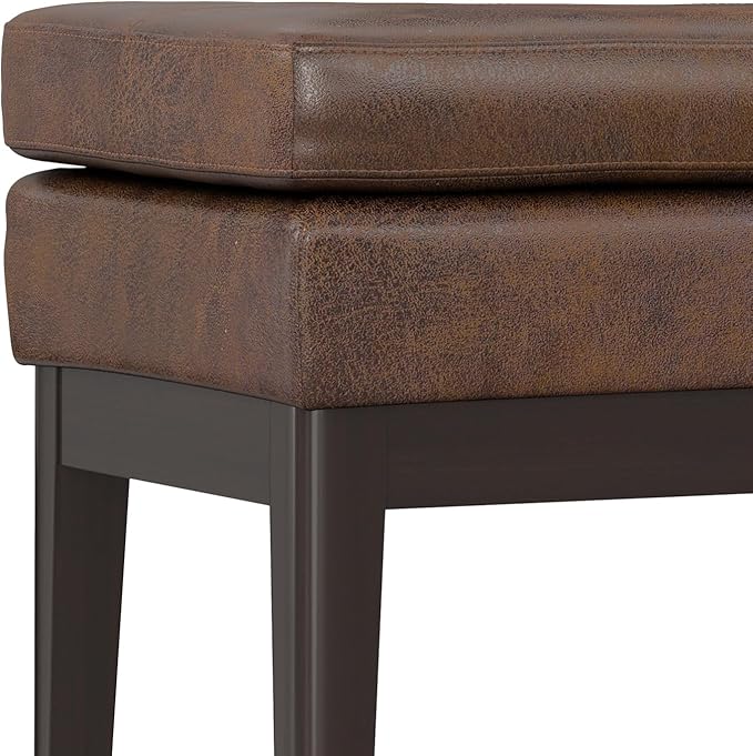 SIMPLIHOME Carlson 27-inch Wide Vegan Faux Leather Small Ottoman Bench in Distressed Chestnut Brown with Solid Wood Frame for Living Room, Entryway, or Bedroom