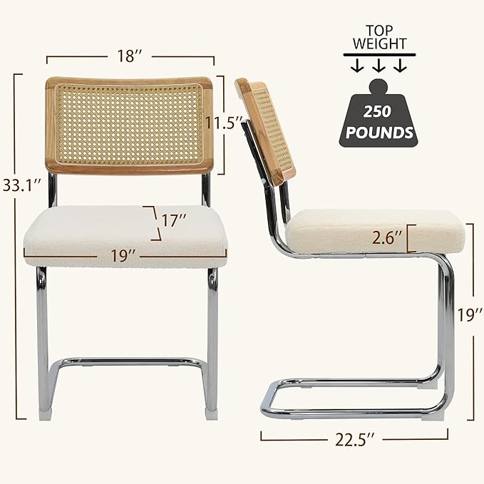 Dining Chairs Set of 2, Modern Rattan Kitchen Chairs, Mid Century Modern Design, Polished Chrome Frame, Upholstered Seat, White