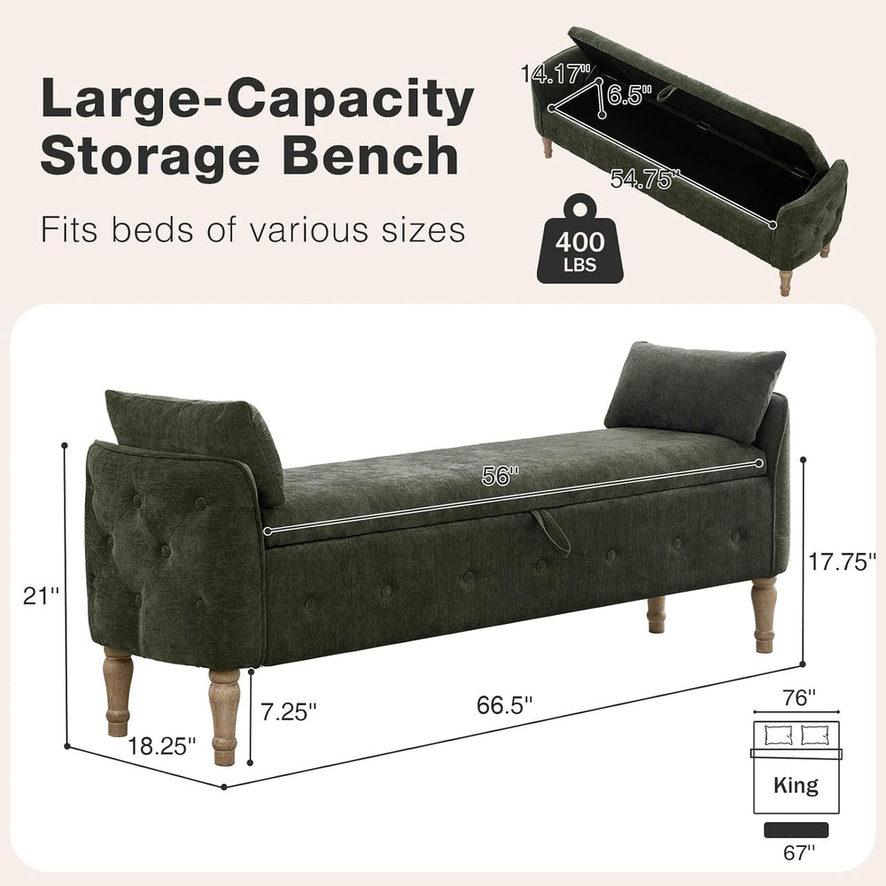 67"End of Bed Storage Bench King Size,Upholstered Bedroom Bench,Green | ...