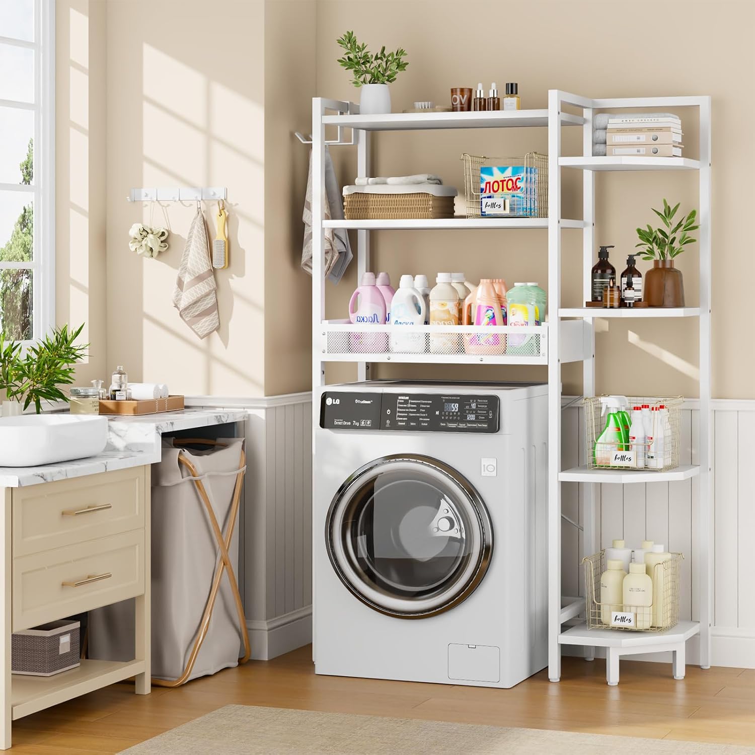 K1 Heavy Duty 7-Tier Over The Toilet Storage（With Basket and Paper Hook）Freestanding Above Toilet Shelf with Adjustable Feet，Space Saver Bathroom Shelves 9.3"D x 33.5"W x 63.8"H，Beige White