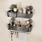 VOLPONE Shower Caddy Suction Cup No Drilling Suction Cup Shower Shelf Aluminum Bathroom Shower Organizer Storage Rack Adhesive with Towel Bar Hooks (2-Pack, Matte Gray)