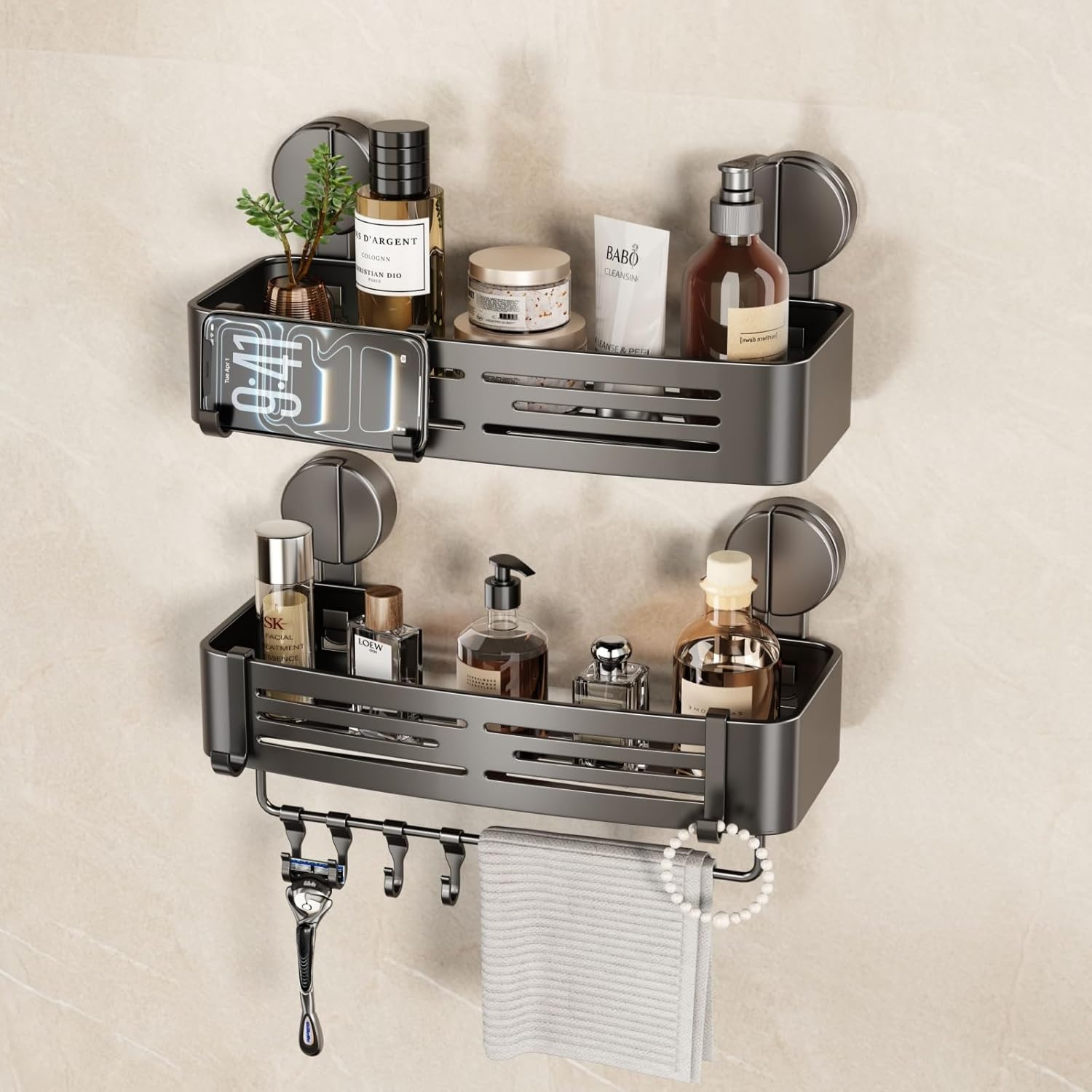 VOLPONE Shower Caddy Suction Cup No Drilling Suction Cup Shower Shelf Aluminum Bathroom Shower Organizer Storage Rack Adhesive with Towel Bar Hooks (2-Pack, Matte Gray)