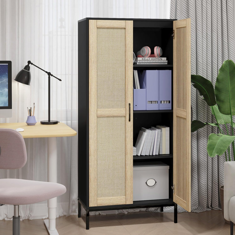 60" Tall Kitchen Pantry with 2 Rattan Doors and 3 Adjustable Shelves,Fre...