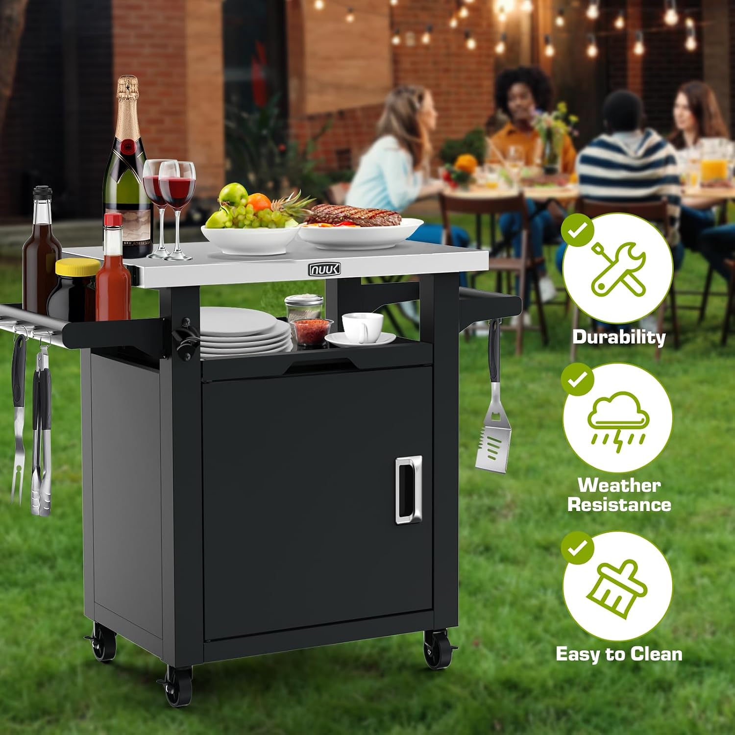 NUUK Grill Table with Storage Cabinet, Outdoor Bar Cart Pizza Oven Table with Wheels, Stainless Steel Top Kitchen Island 20" x 30" Rolling Prep Station for Indoor, BBQ, Deck, Backyard