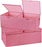2 Pack Large Storage Boxes with Lids and Handles, Collapsible Linen Storage Bins Organizer Containers Baskets Cube with Removable Divider for Home Bedroom Closet Office (Pink, Small)