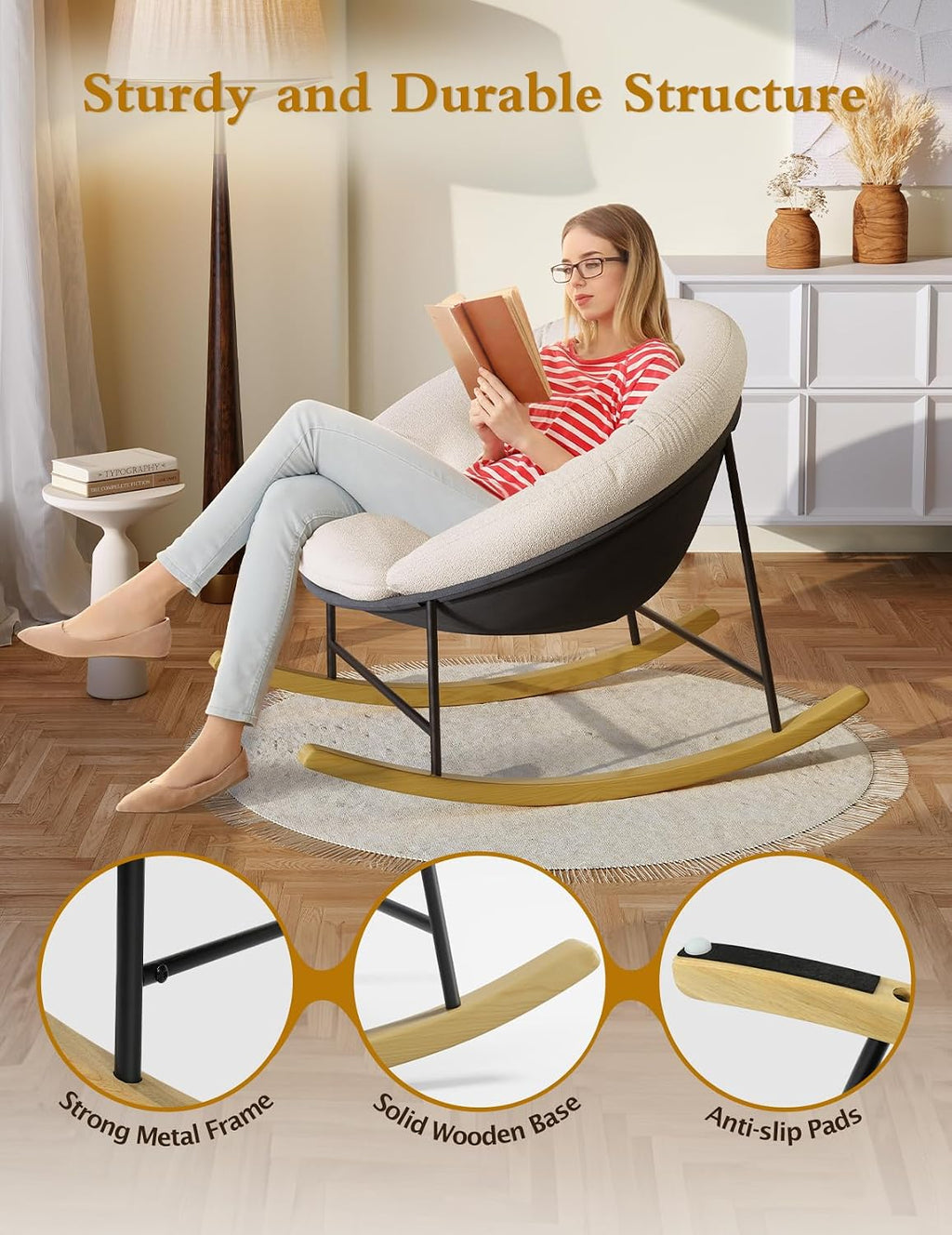 Kidirect Wide Rocking Chair Nursery, Comfy Saucer Nursery Rocking Chairs with Removable Cushion, Indoor Papasan Nursing Chair for Breastfeeding, Mecedora Para Adultos for Living Room & Bedroom (Cream) | Comfy Saucer, Removable Cushion, Indoor Papasan