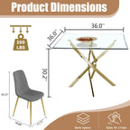 5-Piece Glass Dining Table Set, Modern Square Gold Dining Room Set with Tempered Glass Kitchen Table and 4 Gray Upholstered Chair for Apartment, Living Room