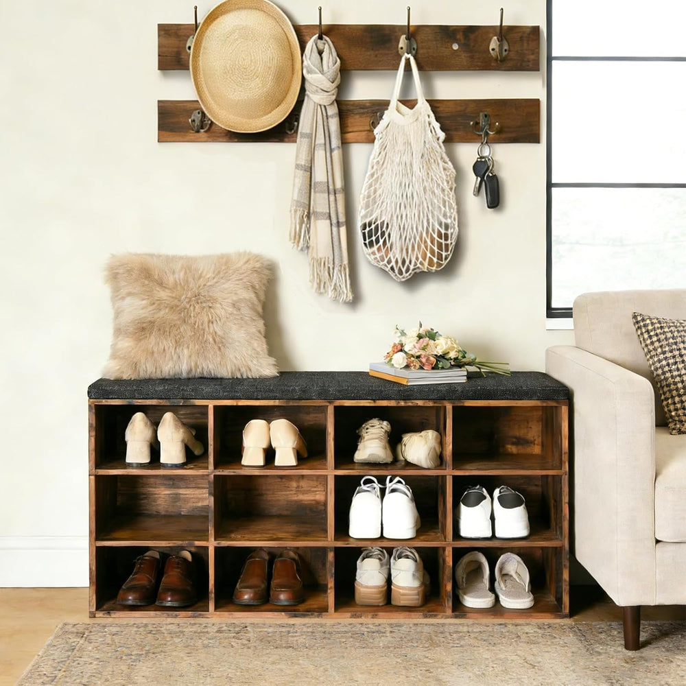 HOOBRO Shoe Storage Bench with Cushion, 39.4" L Entryway Bench with 12 C...