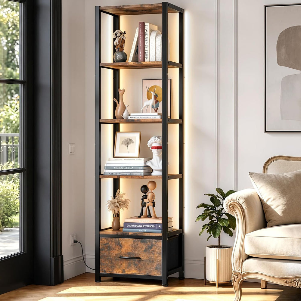 Housolution 6 Tier 60.6" Tall Bookshelf with Storage and LED Light, Brown