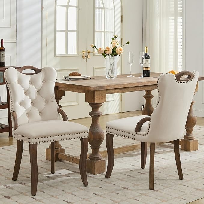 Beige Velvet Dining Chairs Set of 2，Modern Upholstered Dining Room Chairs with Tufted Back and Wood Handles, Curved Solid Wood Legs, Sillas de Comedor