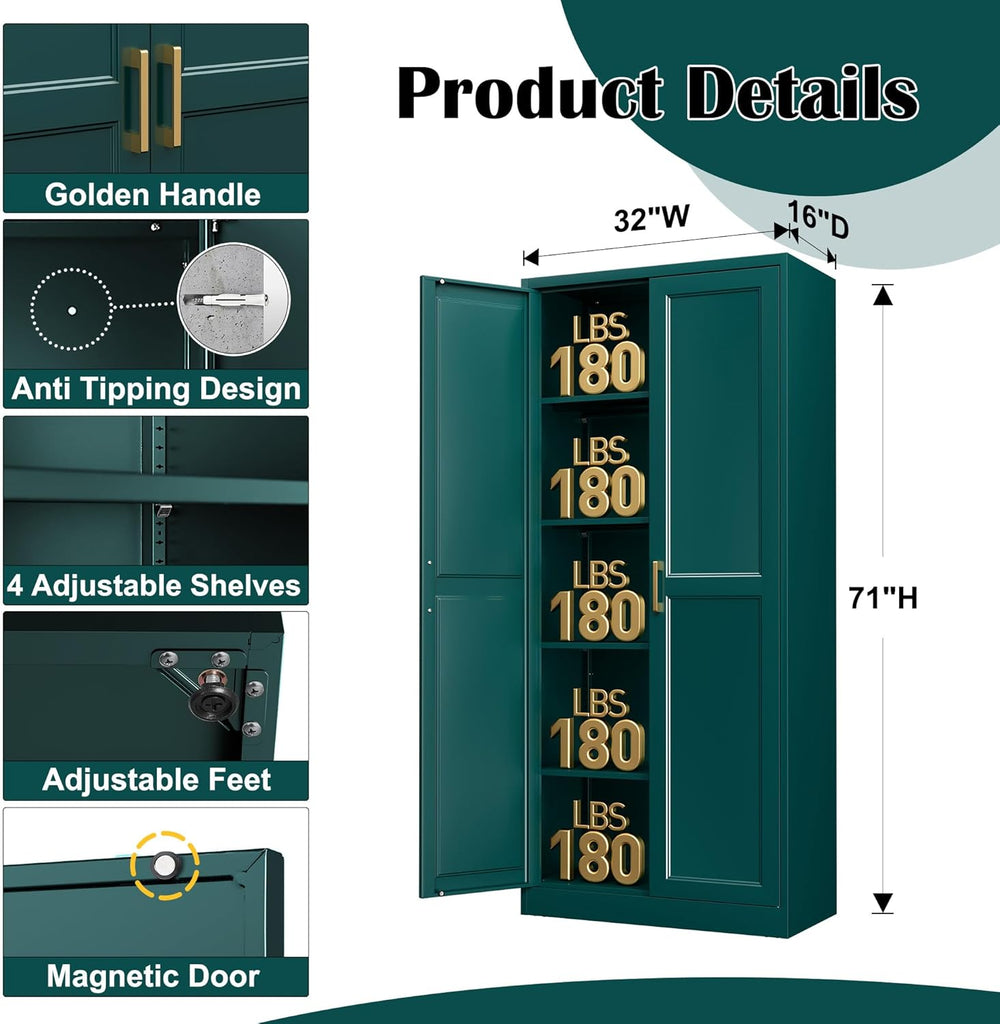 SteeLoong Kitchen Pantry Cabinet,71”Green Metal Pantry Storage Cabinets with ...