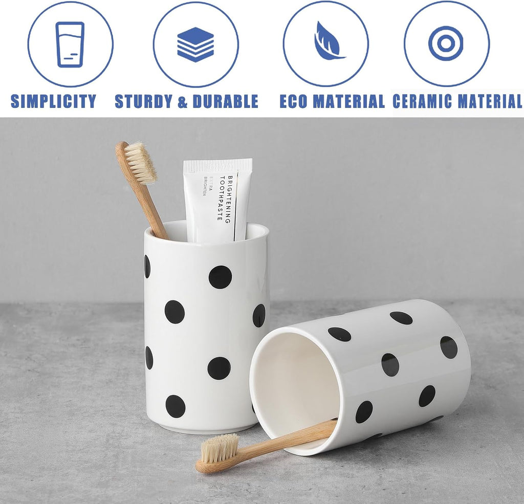 Black Polka Dot Ceramic Toothbrush Holders White - 2 Cups Toothbrush Holders for Bathrooms Toothbrush Toothpaste Holders, White Bathroom Tumbler Cups, Reusable Toothbrush Cups