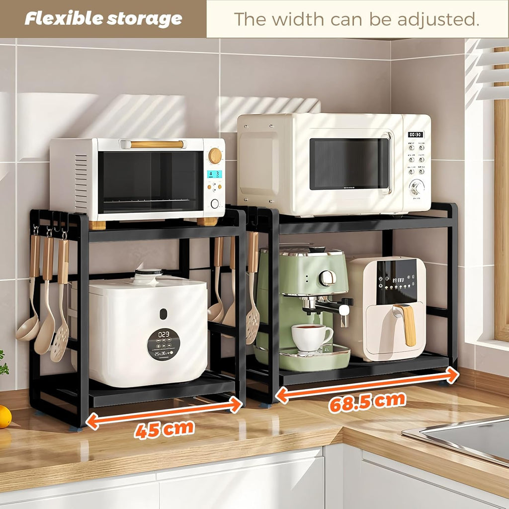 2-Tier Microwave Rack - Height Adjustable & Extendable Kitchen Shelf with Drawer - Carbon Steel - Includes Hooks & Reinforcement Suction Cups - Easy Assembly (Black)