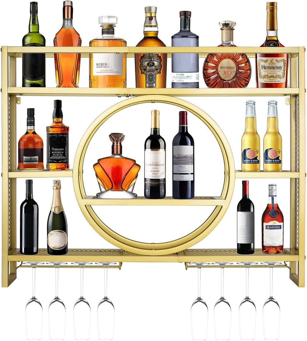 39in Wine Rack Wall Mounted, 3-Tier Metal Bar Shelves with Glass Holder | Modern Floating Bar Liquor Bottle Display Shelf Wall Mounted for Home Bar Kitchen Dining Room (Gold, 39in/100cm)