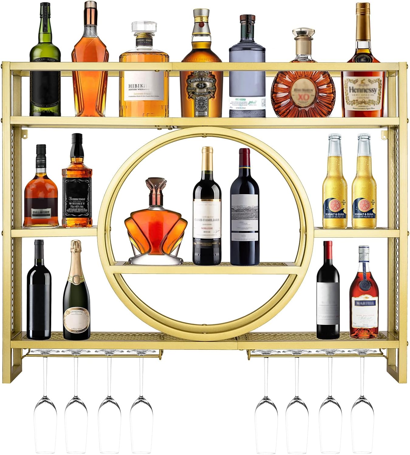 39in Wine Rack Wall Mounted, 3-Tier Metal Bar Shelves with Glass Holder | Modern Floating Bar Liquor Bottle Display Shelf Wall Mounted for Home Bar Kitchen Dining Room (Gold, 39in/100cm)